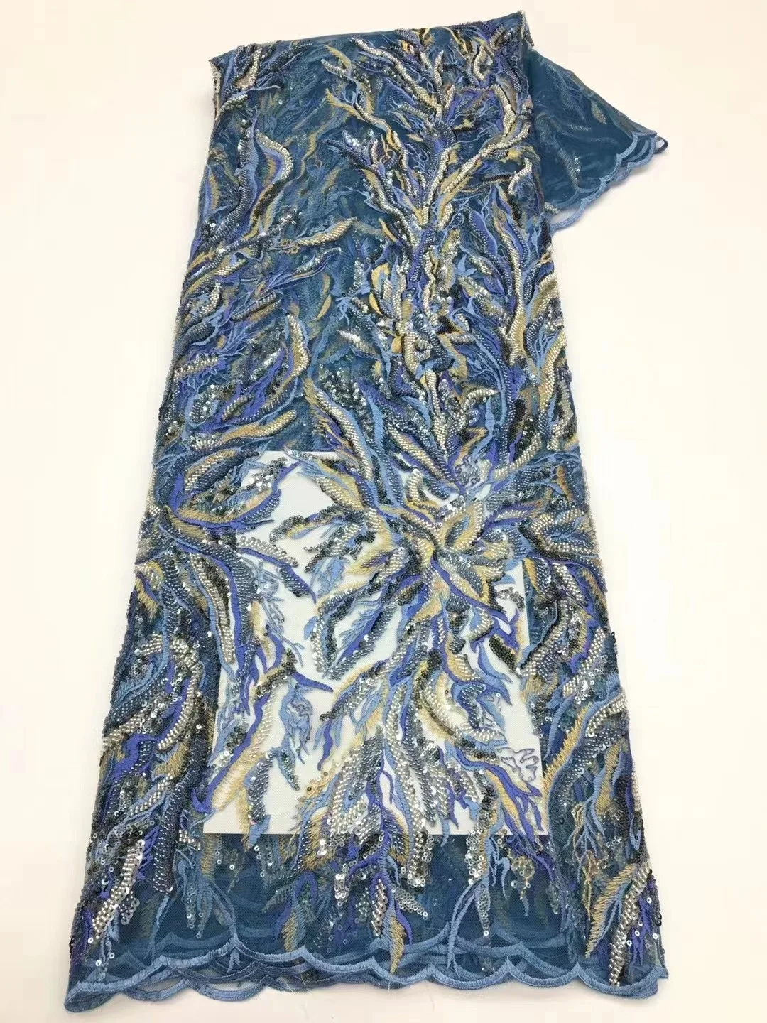 

Blue French Net Lace Fabric 2023 High Quality African Mesh Lace Fabric With Sequins Beads Embroidery Fabric For Wedding 5Yards