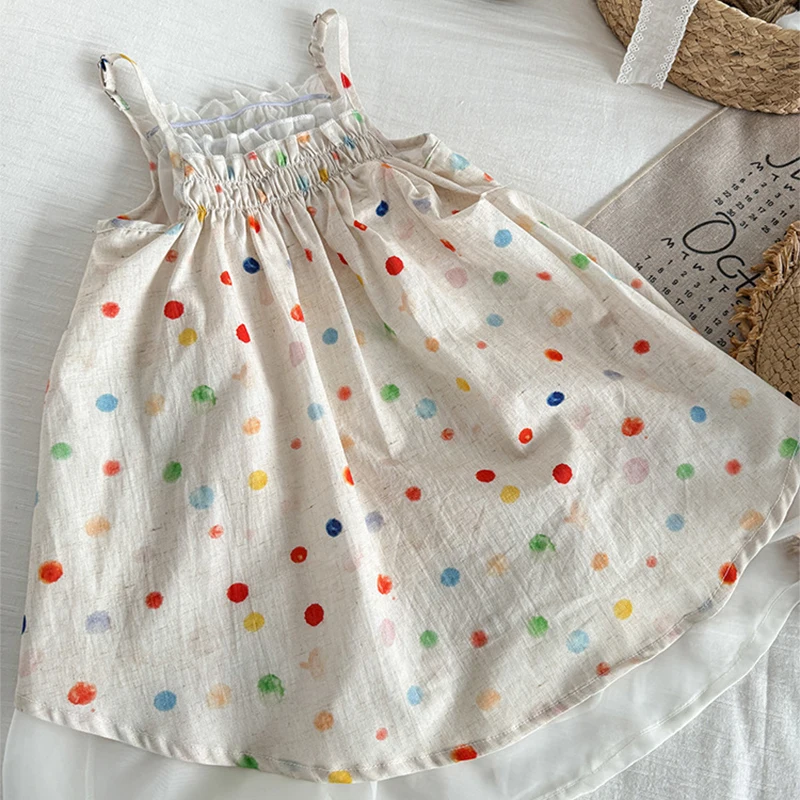 

Летнее платье в горошек для девочек ярких цветов, новая детская одежда для девочек, корейское издание, платье в горошек для маленьких детей в сельском стиле