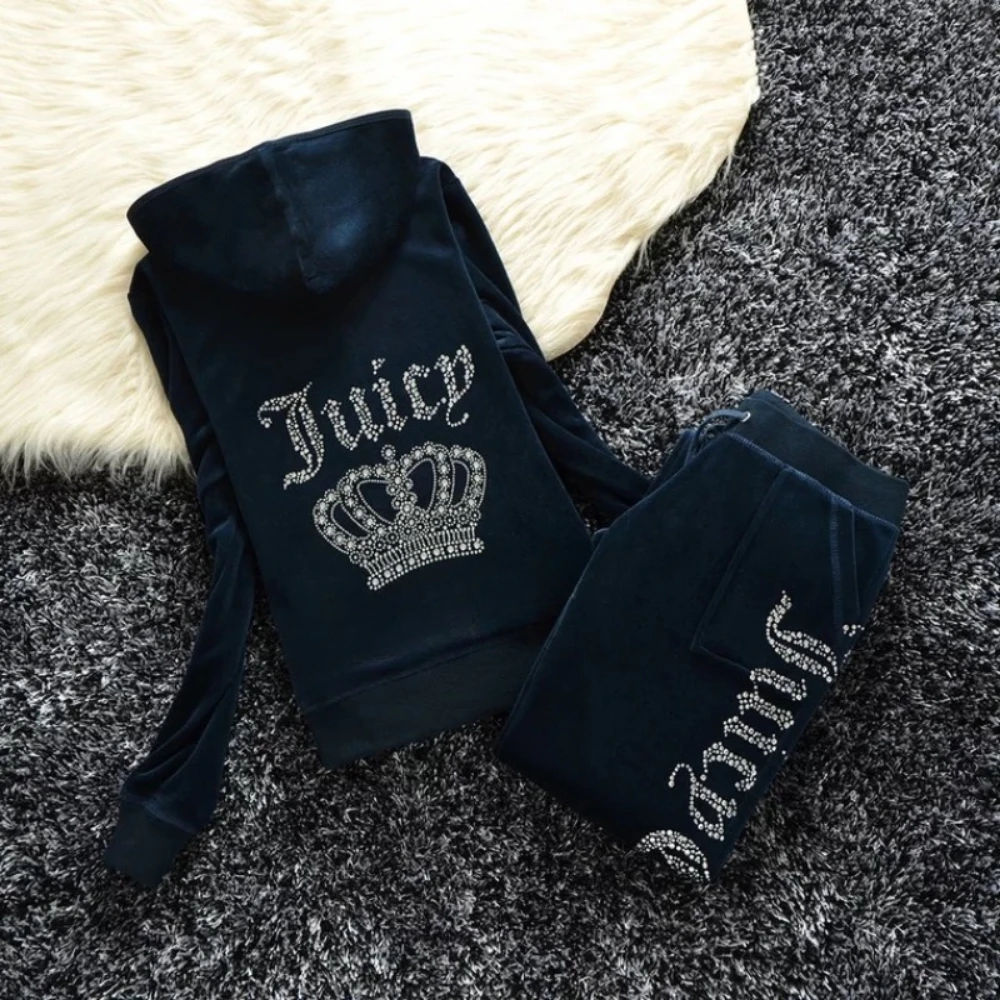 

Juicy Coutoure Velvet Tracksuit Set Women Tracksuit Solid Color Crown Crystal 3D Trim Hoodie Tracksuit Casual Outerwear