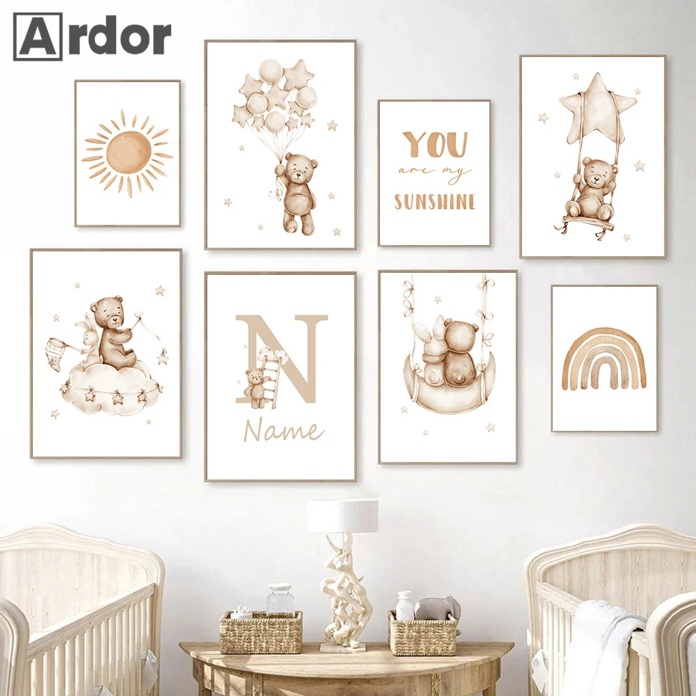 

Boho Posters Cartoon Bear Canvas Painting Custom Name Poster Star Rainbow Wall Art Print Nursery Picture Baby Kids Room Decor