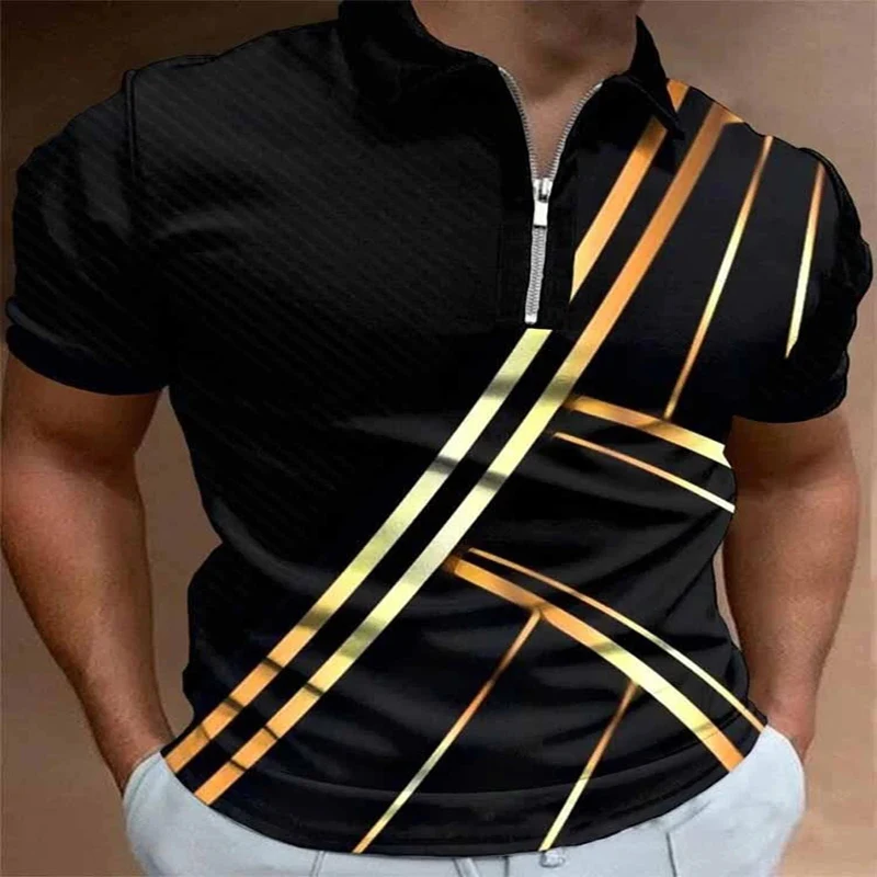 

Casual Gold Striped 3D Printed Polo Zipper Shirt for Men