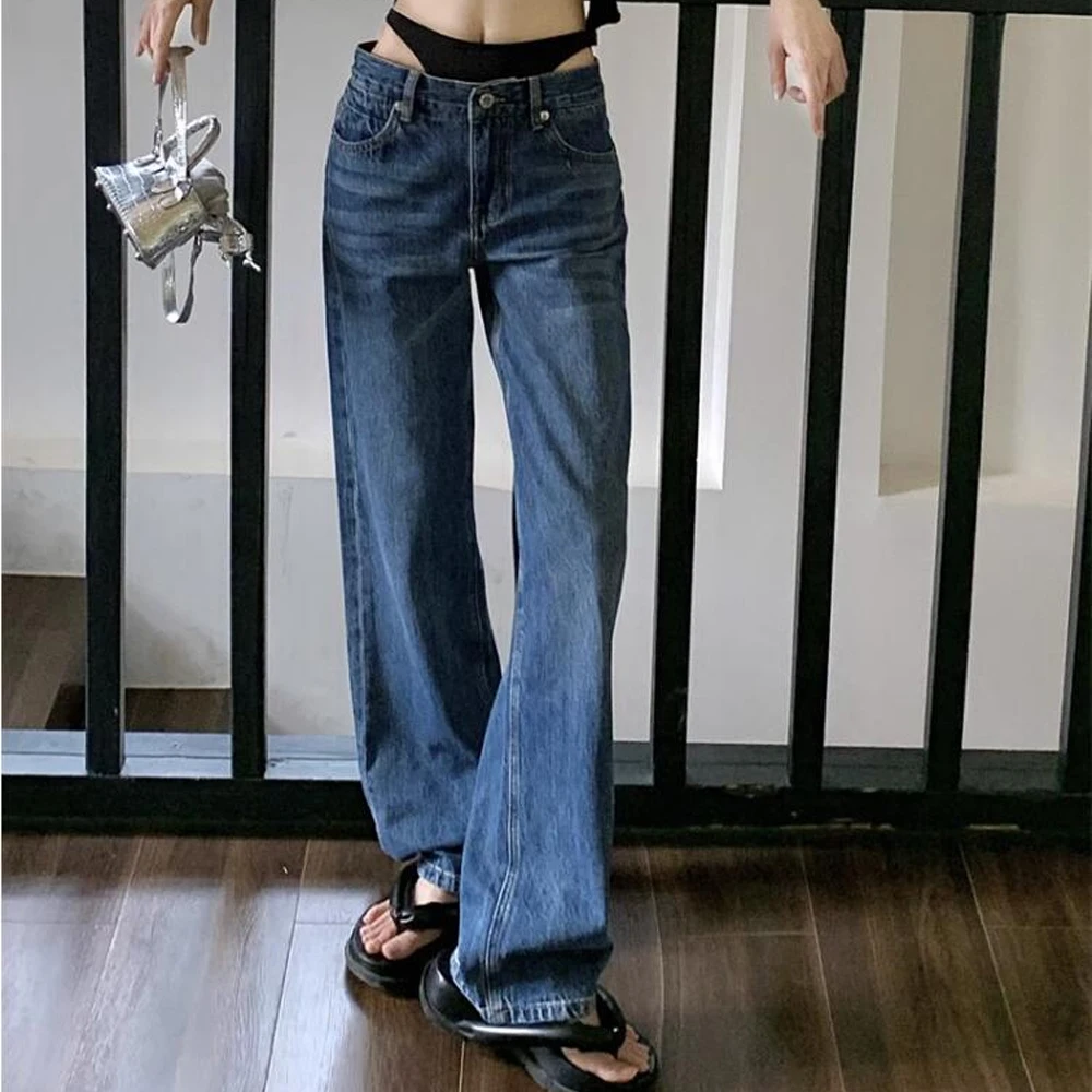 Fashion Low Rise Bikini Patchwork Jeans Women Summer New Design Loose Straight Denim Wide Leg Pants Female