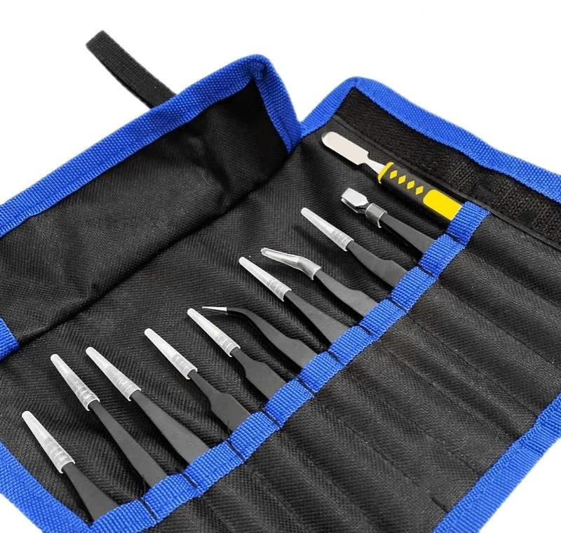 Industrial Tweezers Anti-static ESD Stainless Steel Precision Curved Straight Tweezers Repair Maintenance Tools 10/11pcs Set