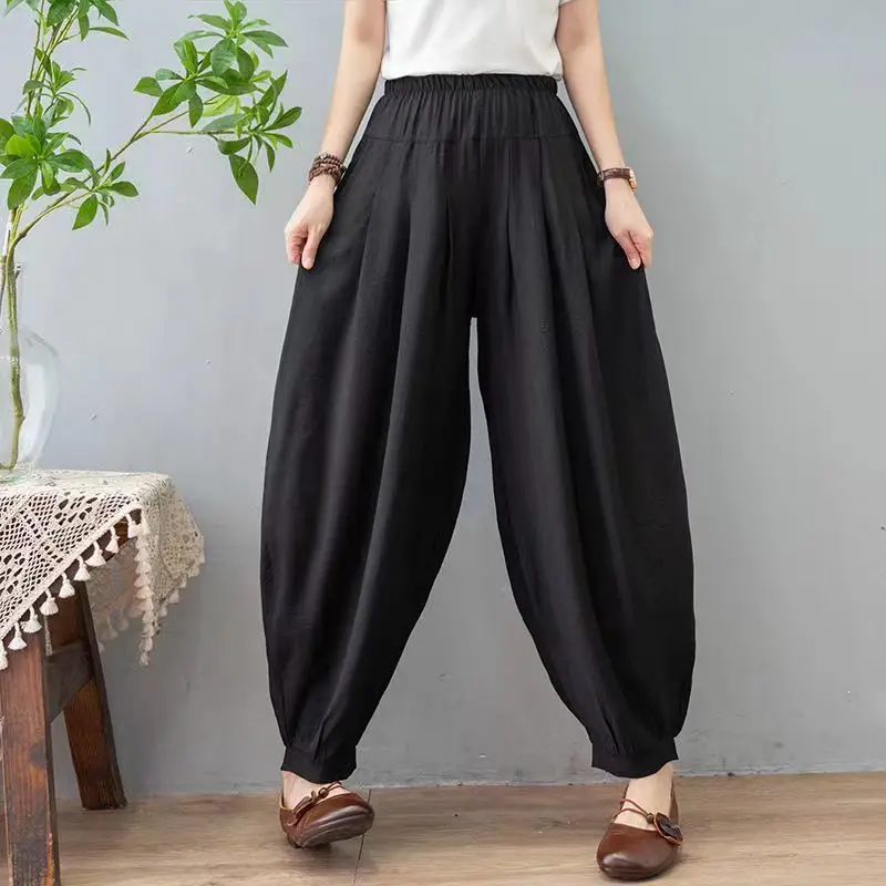2023 Summer Leisure Fashion Retro Art Ethnic Style High Waist Solid Color Loose Oversize Versatile Women's Hooded Lantern Pants