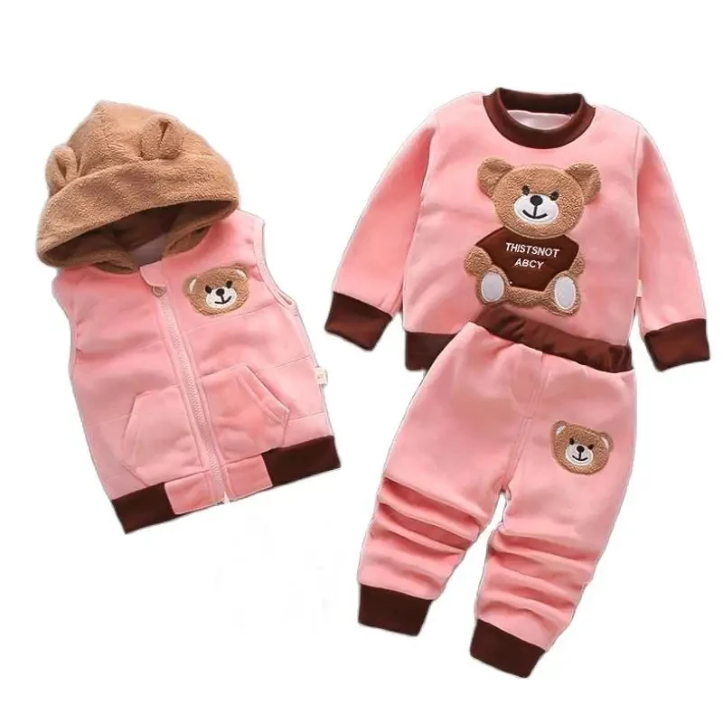 Autumn Winter Girls Boys Cotton Hooded Coats Pants Set 0-4Y