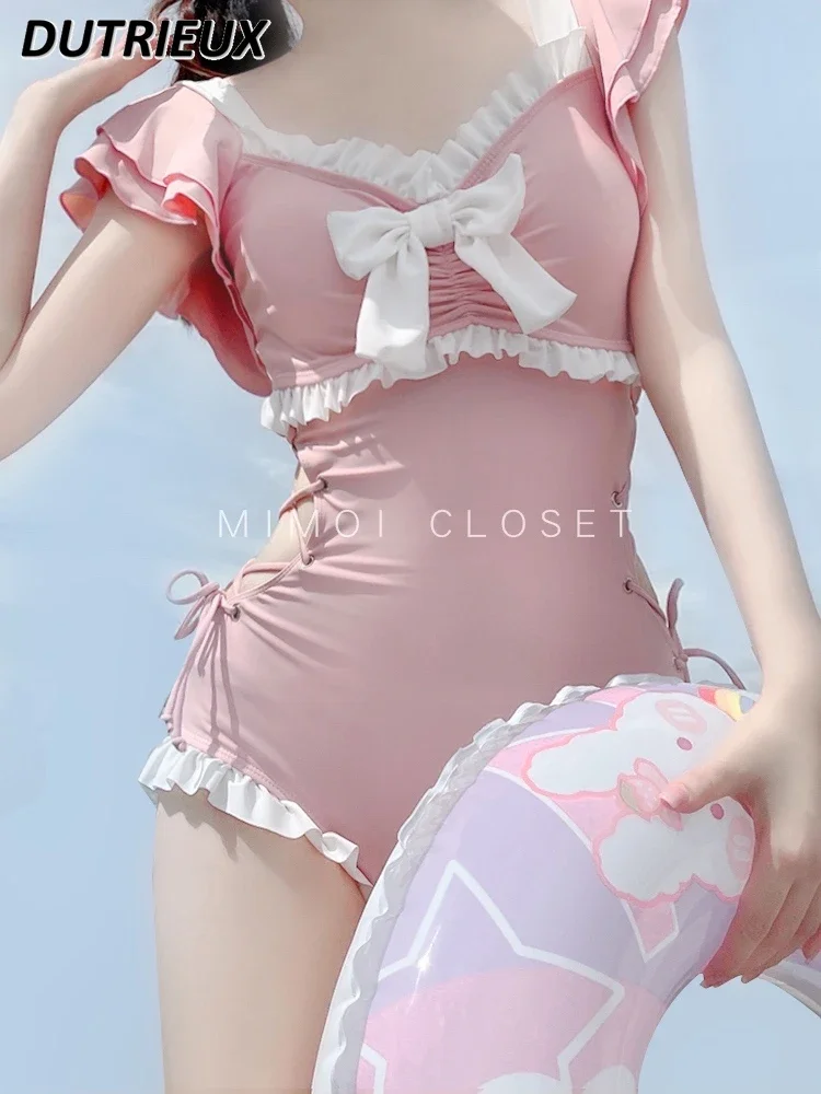 Summer New Pink Bow One-Piece Swimsuit Pure Desire Style Cute Japanese Girl Seaside Hot Spring Bathing Swim Suit for Women