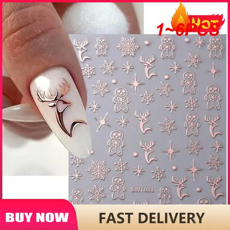

1~6PCS Rose Gold Christmas Nail Art Stickers Metallic Elk Snowflake Cookie Man Stars Geometric Lines Winter Xmas New Year