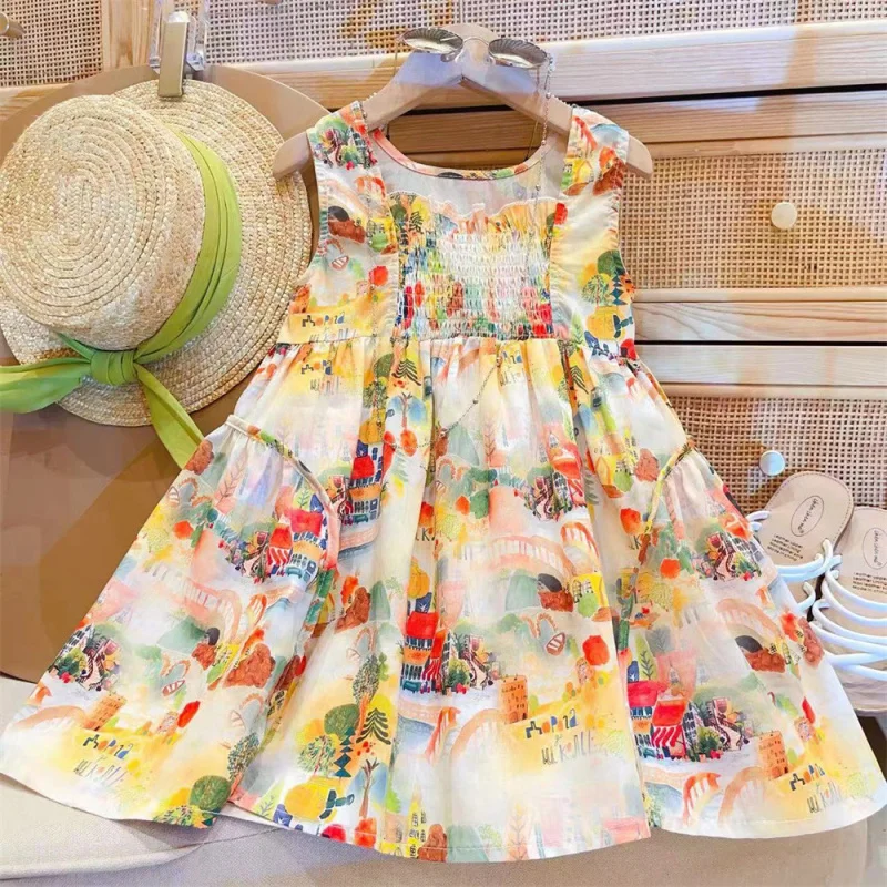 

New Skirt Girls' Summer Vest Skirt2024New Girl's Western Style Suspender Skirt Graffiti Dress