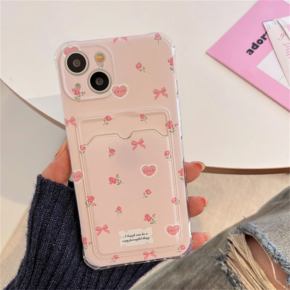 Clmj Korean Cute Love Heart Flower Card Hold Phone Case - Anti-Fall