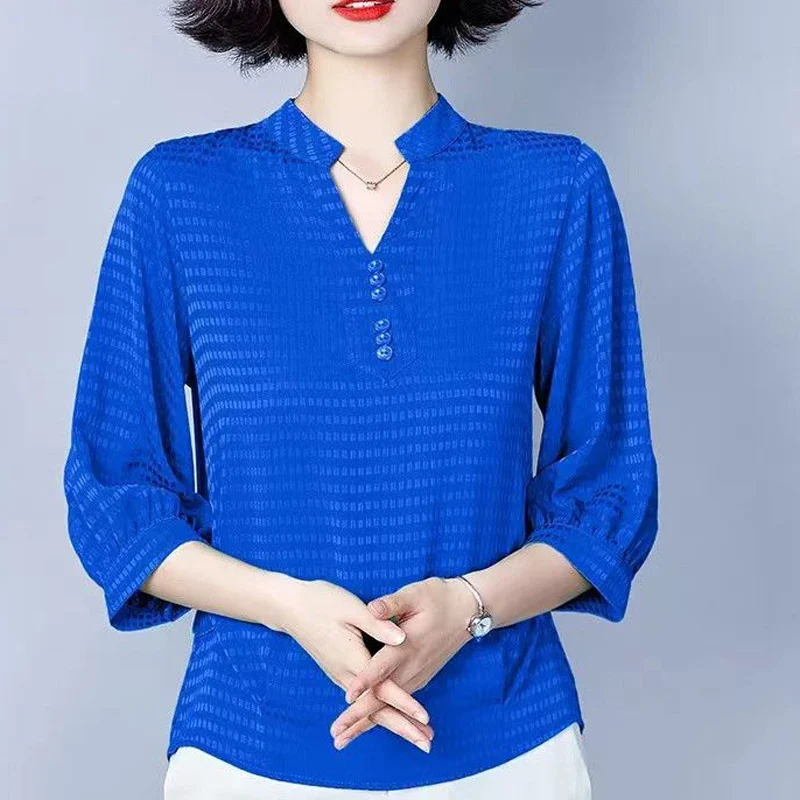 여성용 V넥 긴팔 블라우스, 빈티지 우아한 격자 무늬 자카드 위브 풀오버, 단추 패치워크 올매치 탑, 여름 신상 패션