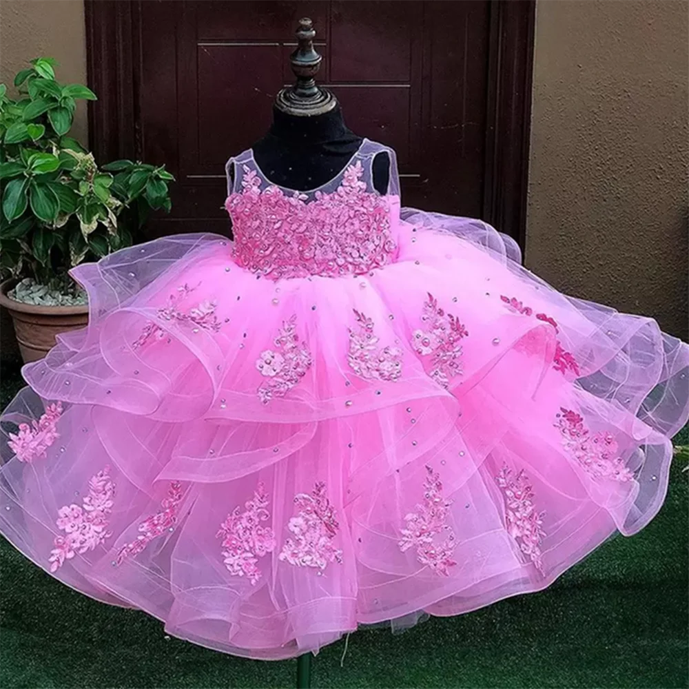 Puffy Lace Baby Girl Party Dress Kids Layers Flower Girl Dresses Hi-Low Princess Dress Cute First Communion Gowns