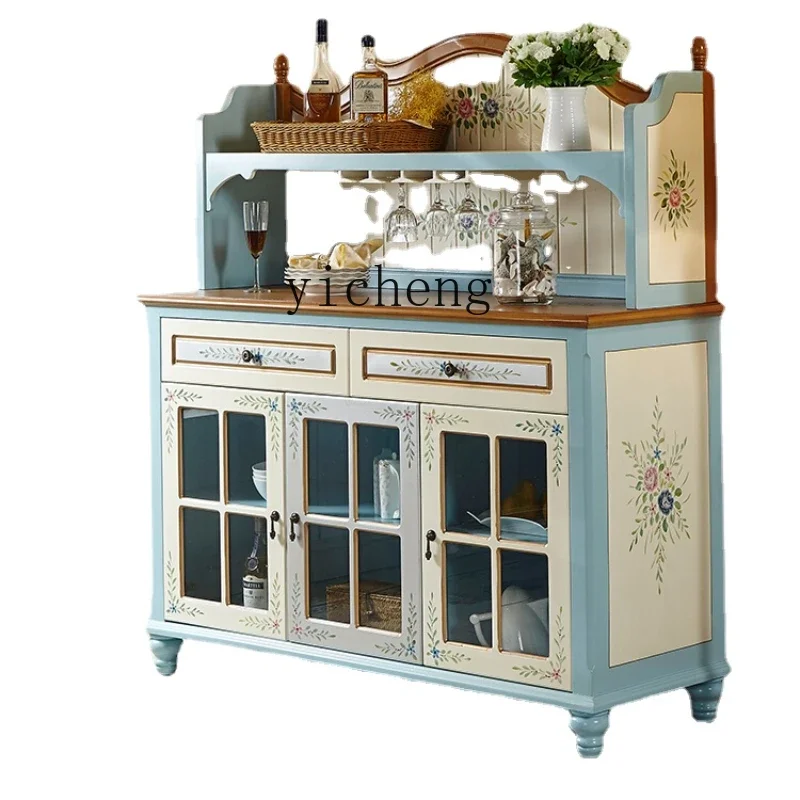 

ZK Wine Cabinet Three-Door Dining Painted Blue Large Capacity Sideboard Cabinet Pastoral Style Integrated Wall Storage Cabinet