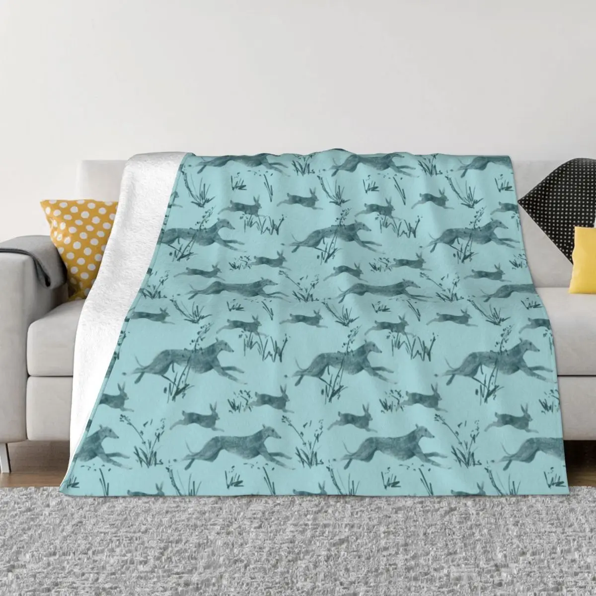 

A galgo and a hare on turquise Throw Blanket Decorative Sofas Decorative Throw Large Hair Blankets