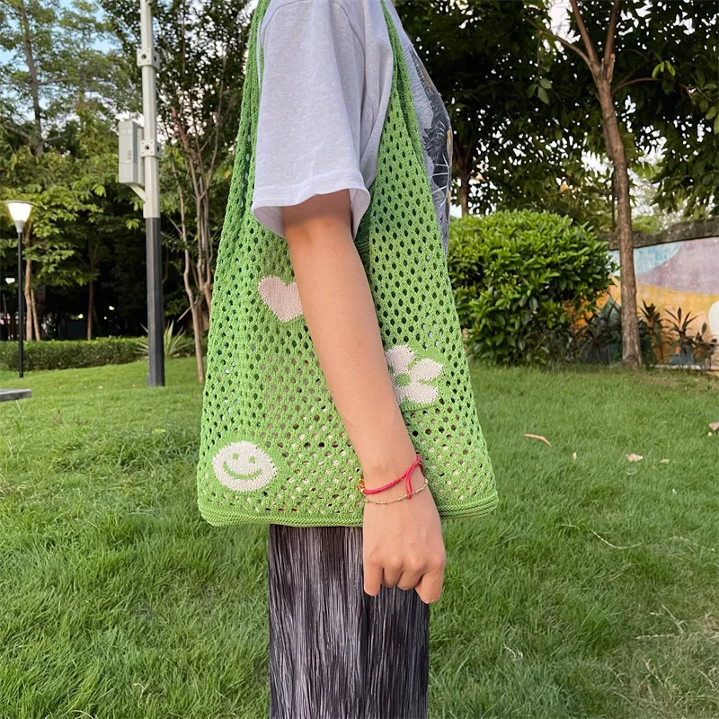 INS Korean Hyuna Flower Print Crochet Shopper Bag Knitting Hollow Out Shoulder Beach Bag Casual Laziness-Style Handbag for Women
