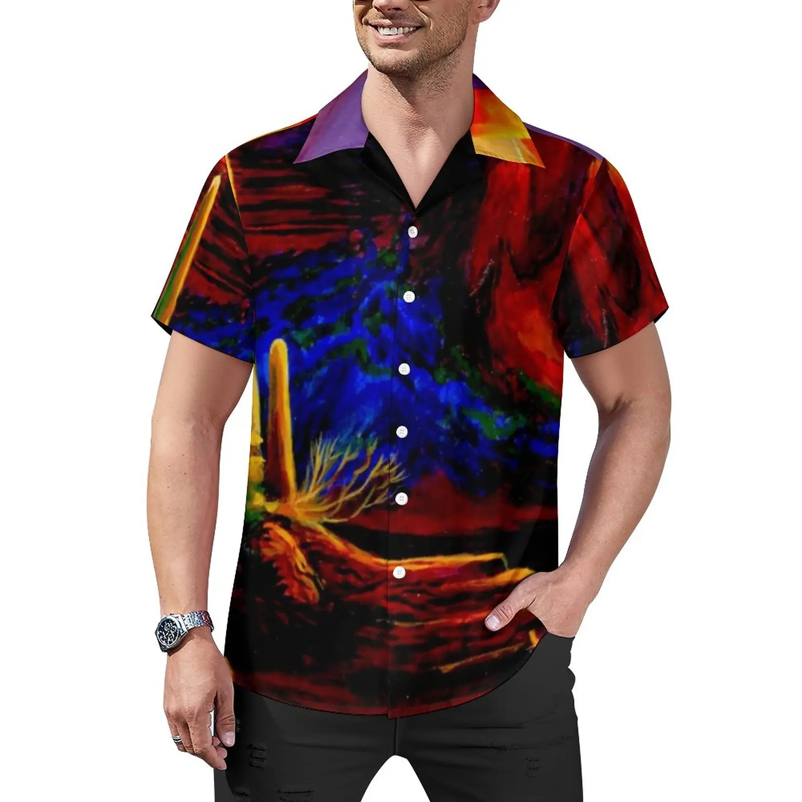 

Desert Painted Beach Shirt Mountains Sunset Print Hawaiian Casual Shirts Male Streetwear Blouses Short Sleeve Design Tops