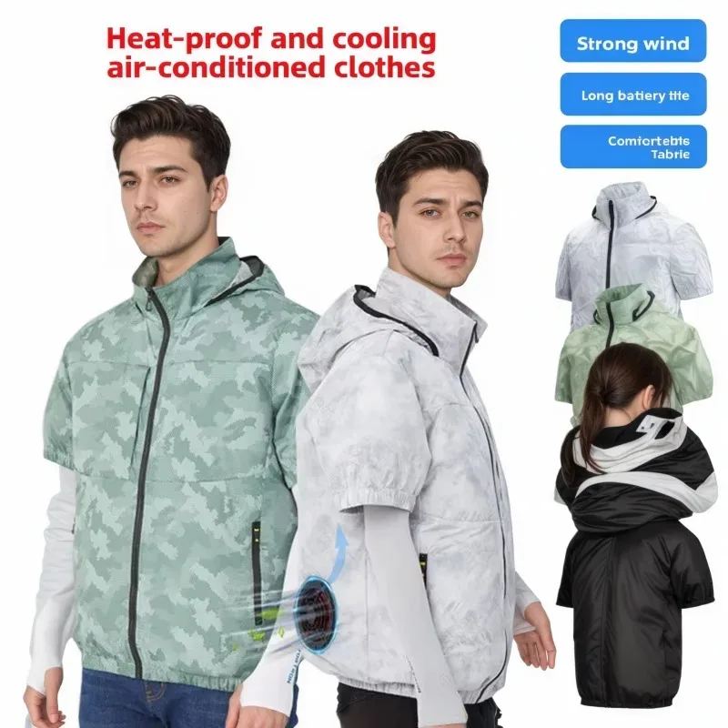 Summer Cooling Fishing Shirt Men Women Short Sleeve Air Conditioner Outdoor Camping USB Fan Jacket Breathable Sun Protection