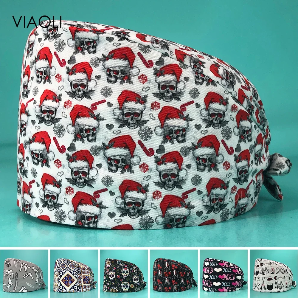 Scrubs Caps for Women Pediatrician Dentist Surgical Cap Doctor Nurse Hat Halloween Hat Skull Printed Mens Scrub