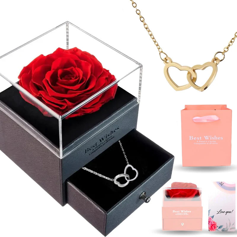 Romantic Heart Necklace Gift Set for Wife Girlfriend Valentine's Day Festive Gift Rose Gift Box Heart Necklace Jewelry Accessory