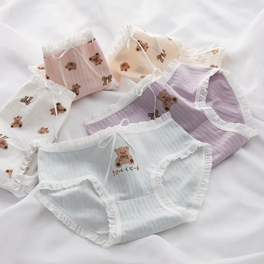 

Cute Simple Fitness Bow Lace Mid-waist Cotton Cartoon Bear Panties Korean Style Underwear Women Lingerie