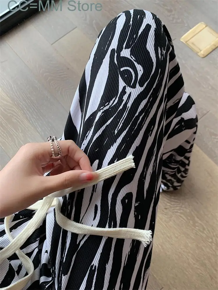 New Zebra Stripes Pants Women Streetwear Elastic Waist Drawstring Wide Leg Pants Women Straight Full Length Pants