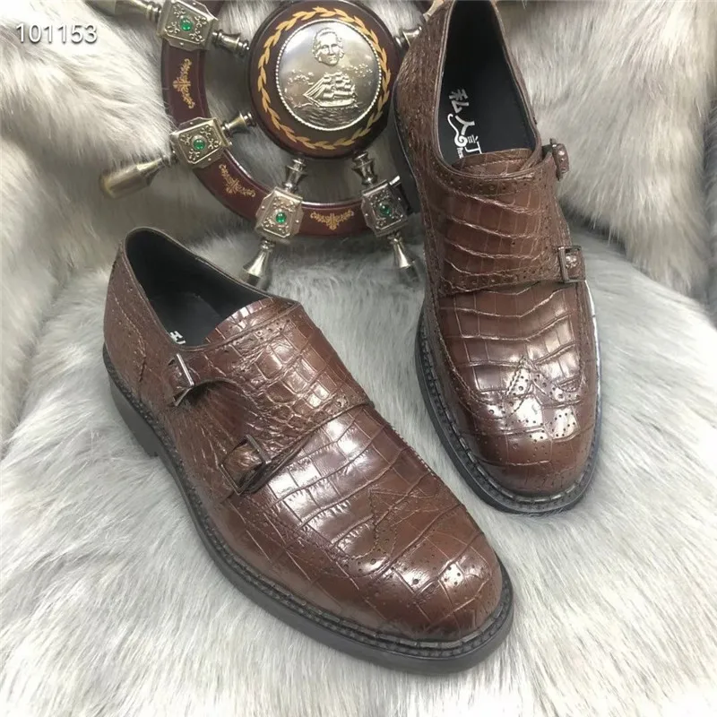 

Business Casual Style Authentic Crocodile Skin Men Derby Shoes Genuine Alligator Leather Buckle Strap Male Brogue Dress Oxfords