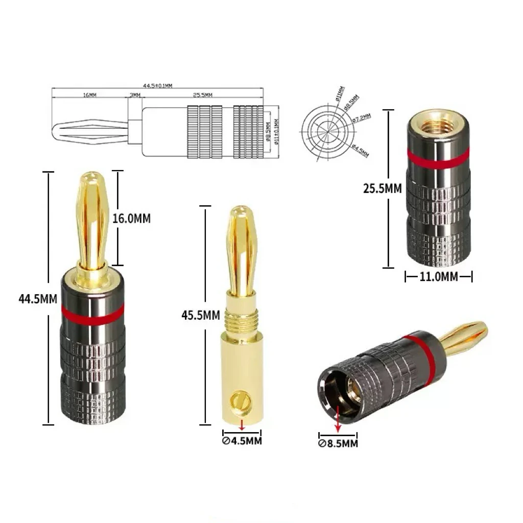 1-10Pcs 솔더 없이 사용 가능한 바나나 플러그 4mm 퀵 와이어 연결 금도금 금속 바나나 커넥터 스피커 케이블 앰프용 플러그