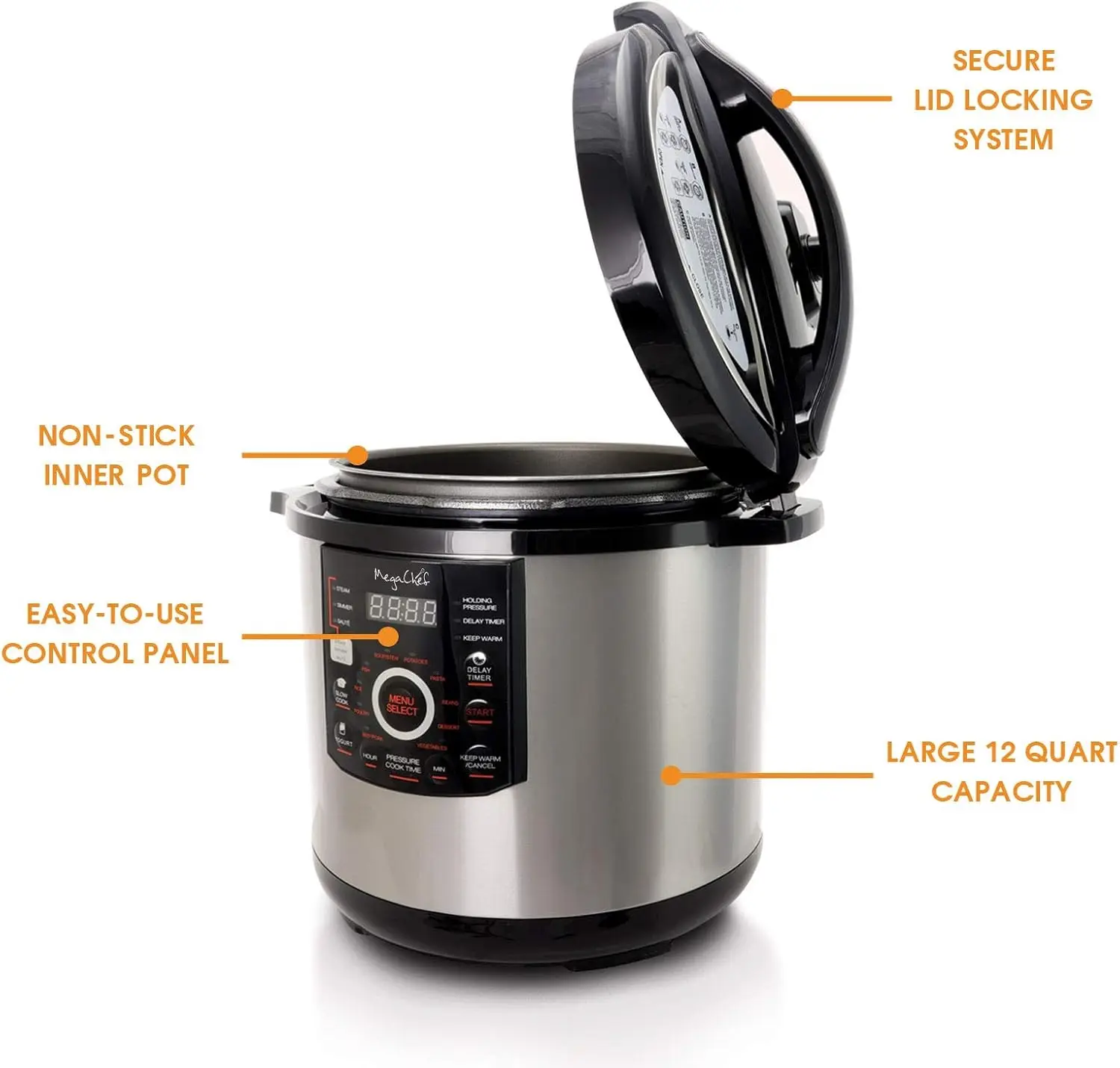 Digital Pressure Cooker with 15 Preset Options and Glass Lid, Silver