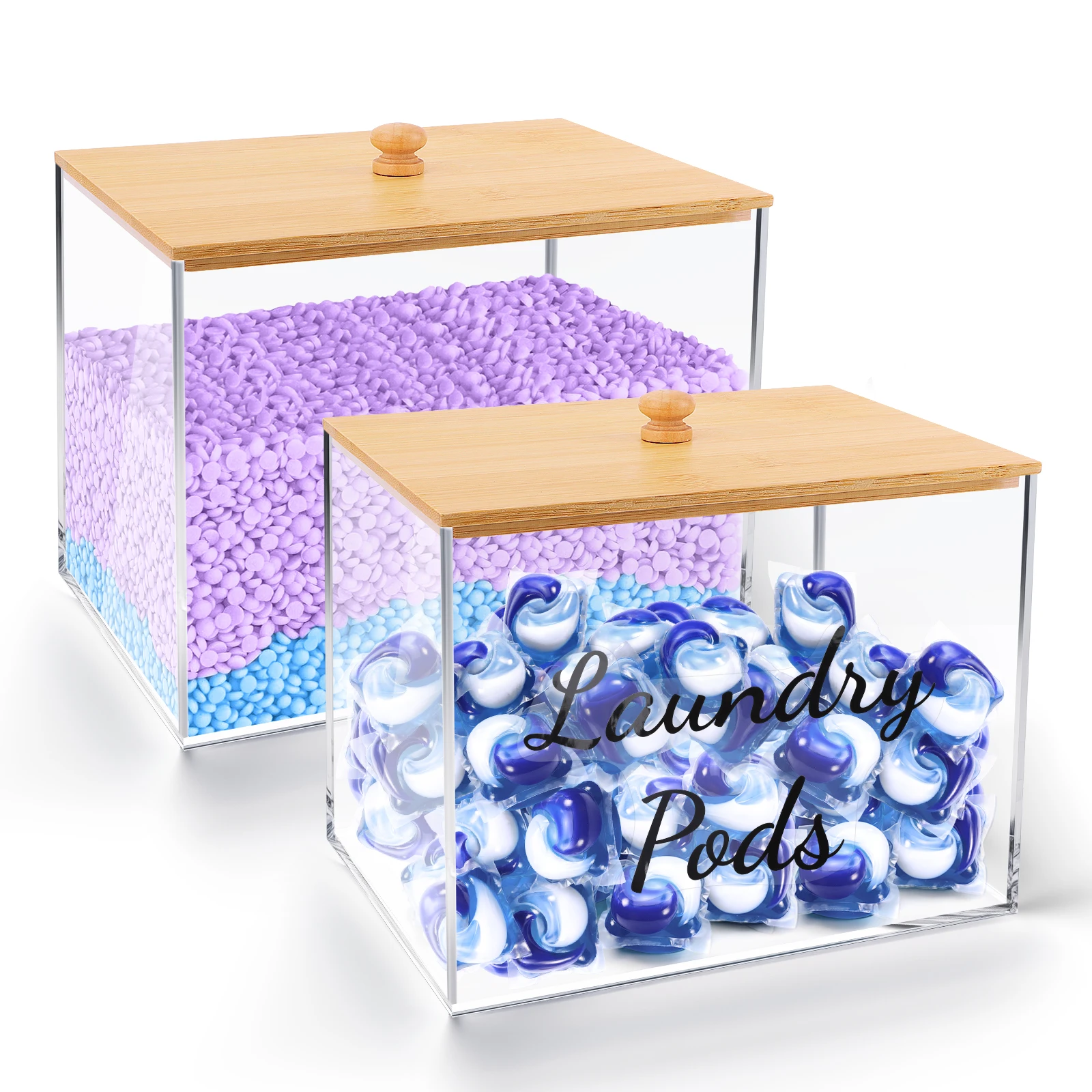 New Laundry Pods Holder Container for Laundry Room Organization Acrylic Box with Bamboo Lid for Laundry Powder, Dryer Balls 2