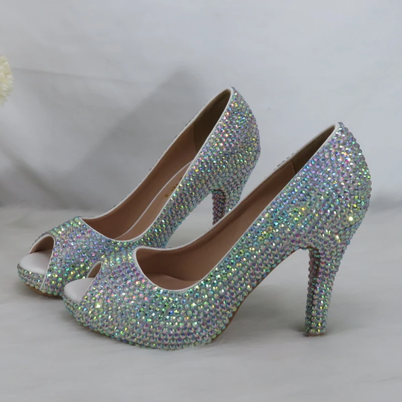 

BaoYaFang Open Toe AB crystal Bridal Wedding shoes Woman High Heel platform shoes Luxury High shoes Ladies Fashion Party shoe