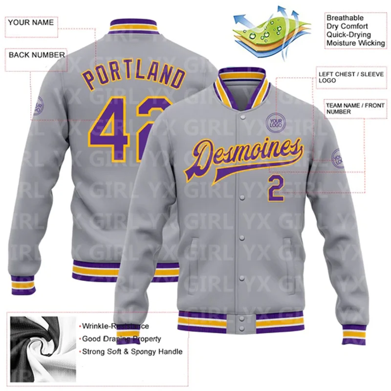 Custom Gray Purple-Gold Bomber Full-Snap Varsity Letterman Jacket 3D Printed Baseball Button Jacket