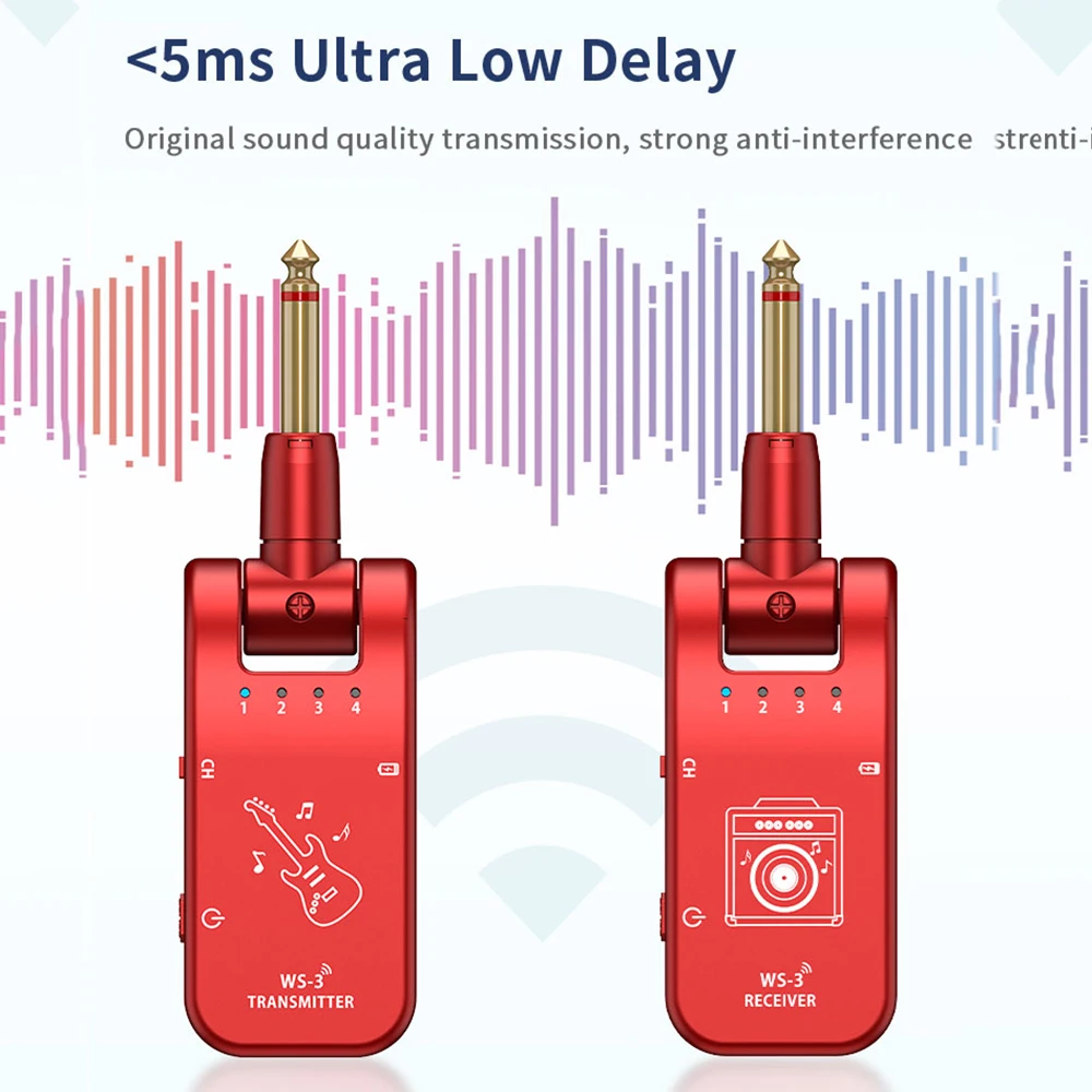 

UHF 4 Channels Wireless Guitar System Transmitter and Receiver 800-900MHz Plug 282-degree Rotation 6.35mm Audio Interface