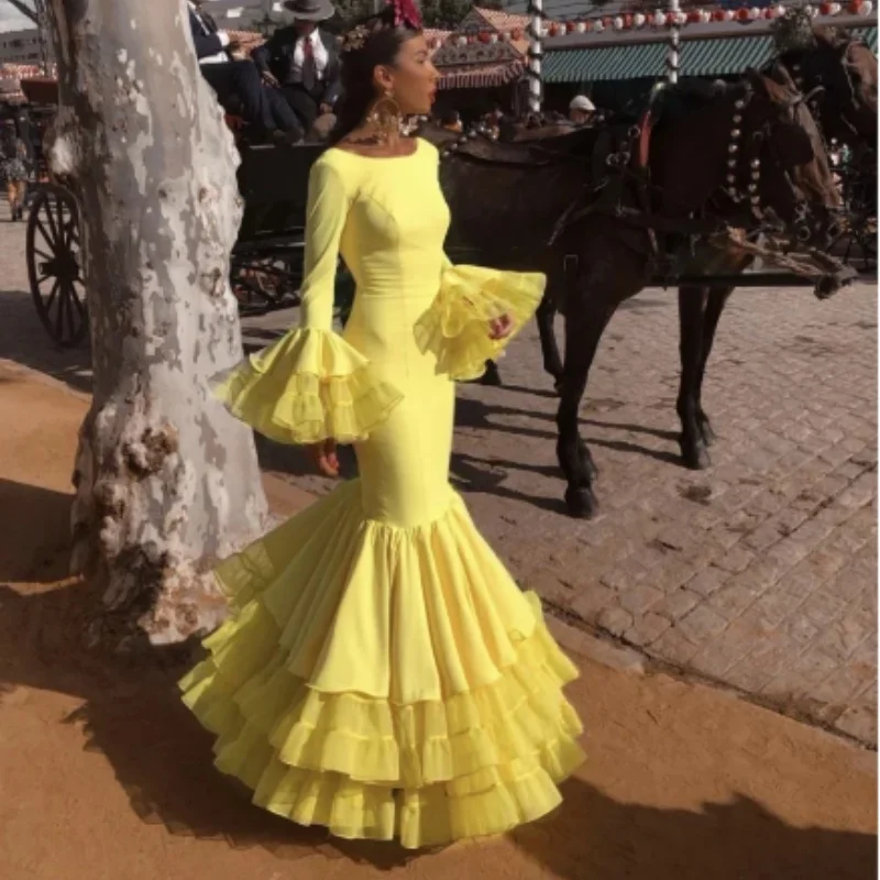 

Yellow sexy dress for women's mermaid dance, ruffled edge layered long sleeved evening dress, formal party dress, 2024 New