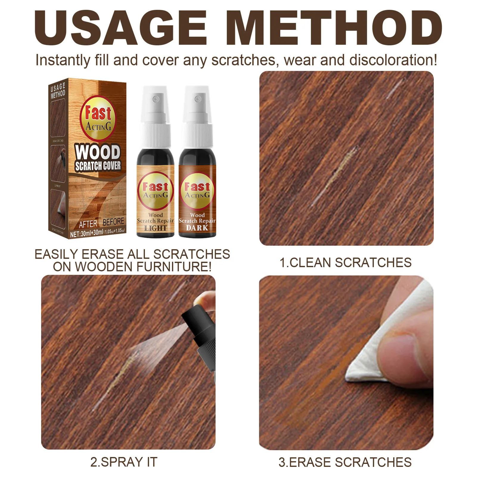 Wooden Scratch Repair Instant Fix Wooden Scratch Remover Set Colour Repair Spray Furniture Polisher For Scratches Floors