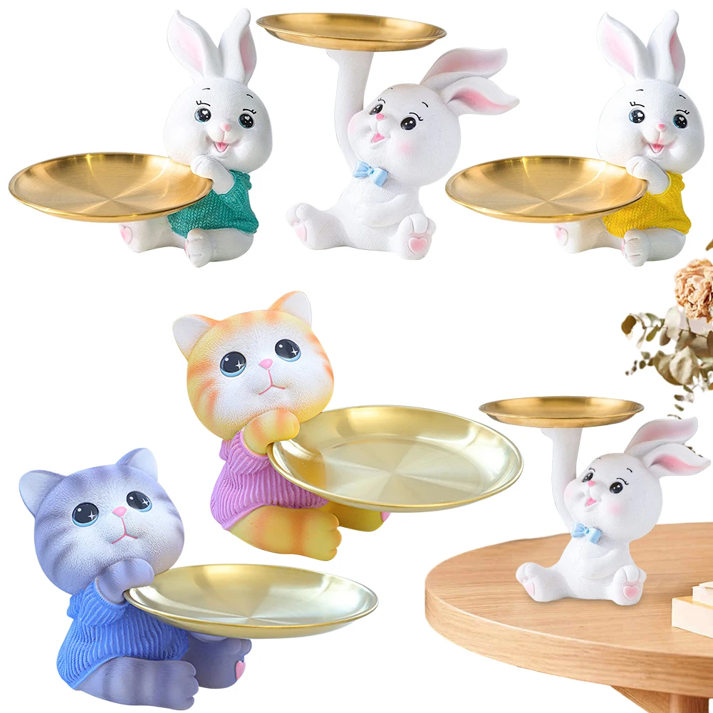 

Cute Rabbit/Cat Storage Tray Creative Figurines Ornaments Resin Rabbit Sculpture Key Tray Living Room Porch Desk Home Decoration