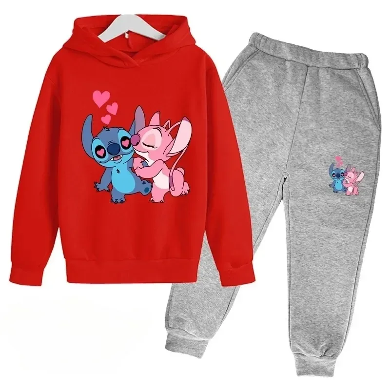 thumbnail image 1 of Conjunto de 2 piezas de sudadera y pantalones con estampado de dibujos animados de Disney Stitch para niños de 3 a 14 años, ropa deportiva informal para niños y niñas, 1 of 5