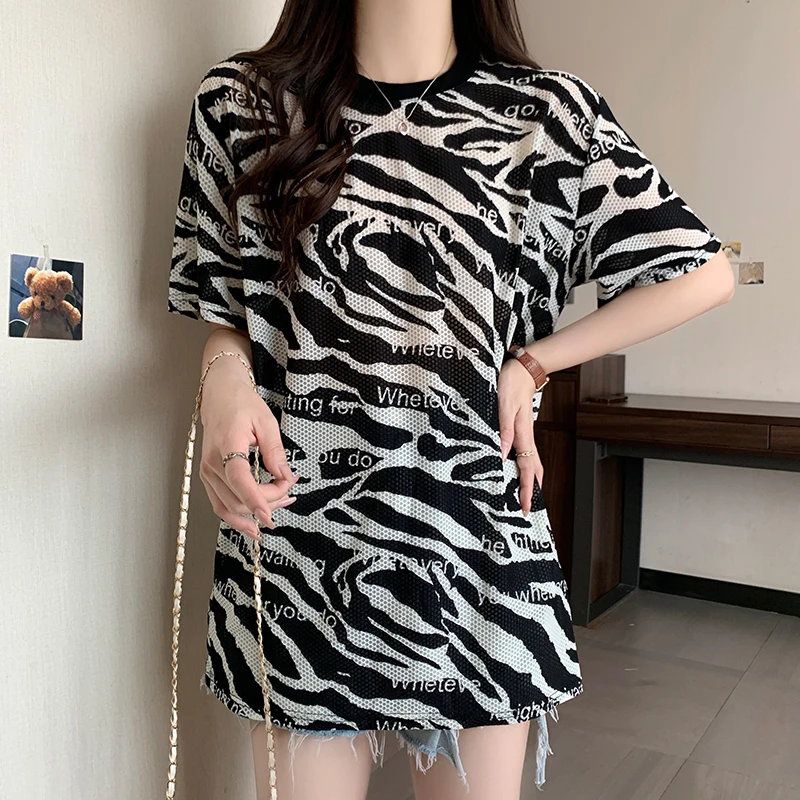 

2023 New Summer European Clothes Loose T-Shirt Women Chic Sexy O-Neck Print Zebra-stripe Letter Tops Short Sleeve Hot Tees 36108