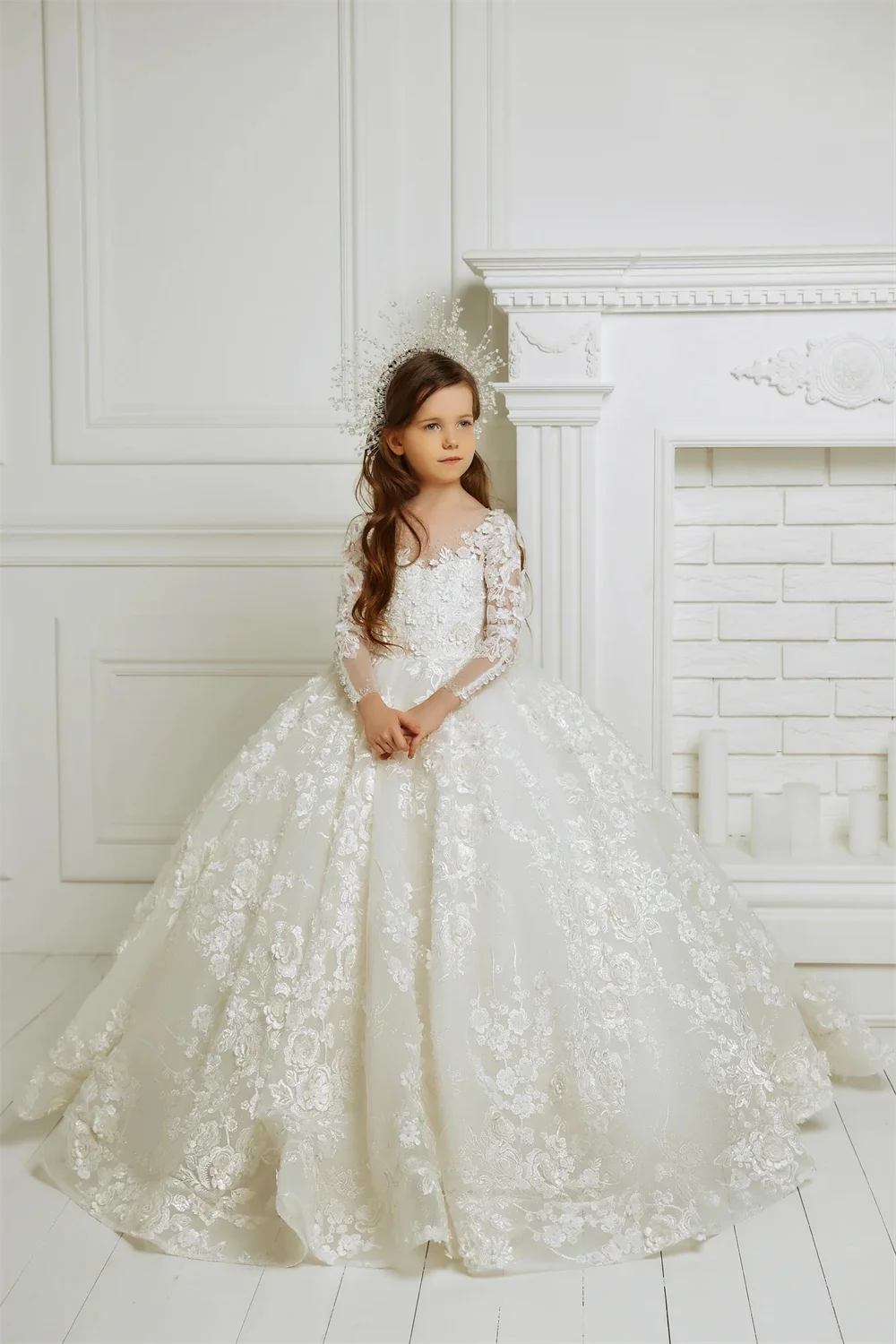 Flower Girl floral appliqu&eacute; dress,girls dresses Long Sleeve For Wedding Prom Party Pageant Gowns Lace Floral Appliques Kids Birthday