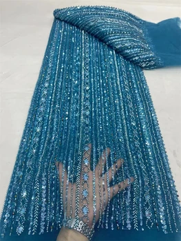 Tecido De Renda De Tubo De Bordado Africano Frisado, tecido De Renda De Lantejoulas Nigerianas, vestido De Festa De Casamento De Luxo, 5 Jardas, 2024