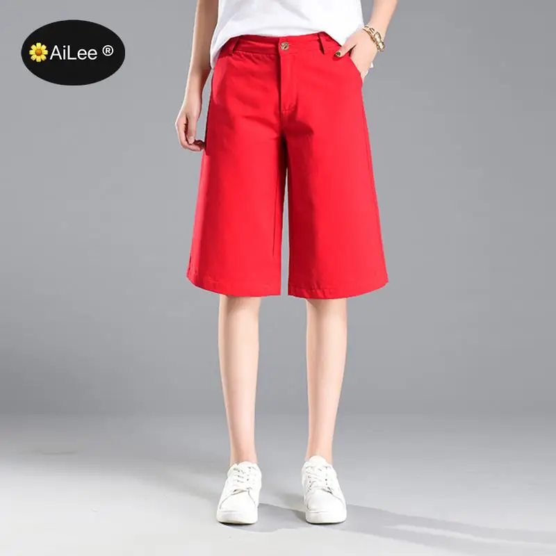Knee Length Newest Casual Solid Wide Leg Shorts Women High Waist Shorts Lady Summer High Waist Wide Leg Half Long Shorts Woman