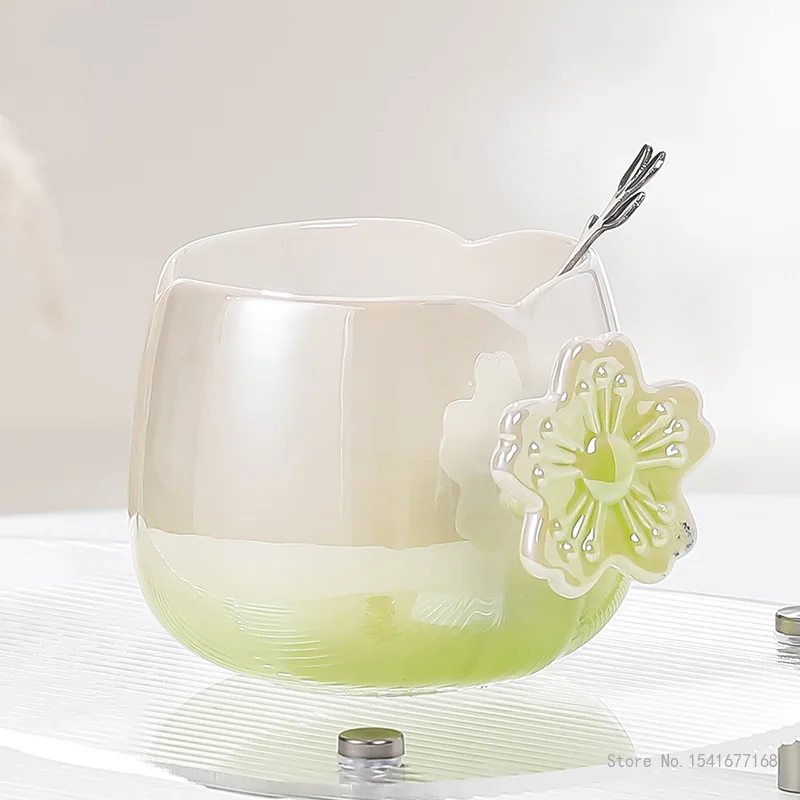 Creative Ceramic Gradient Pearl Glaze Flower Coffee Cup with Spoon Home Office Supplies High Beauty Breakfast Milk Water Mug 1Pc