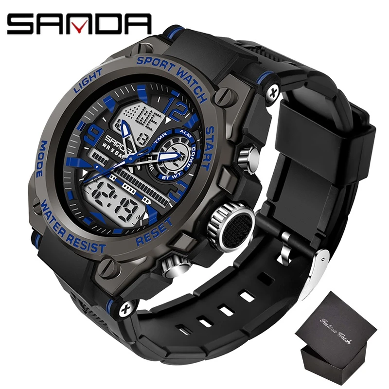2022 SANDA Quartz 5ATM Waterproof Men Clock Sport Dual Display Electronic Watch Top Brand Military Men's Watch Relogio Masculino 