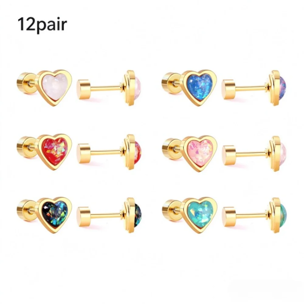 12 Paar koreanische Mode-Ohrstecker aus Edelstahl mit Schraubverschluss für Frauen, Valentinstag-Ohrringe, rosa Herz-Ohrringe