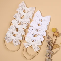 Wholesale White Lace Bows With Headband For Kids Girls Nylon Hairbands Newborn Baby Elastic Hair Bands Headwear Hair Accessories