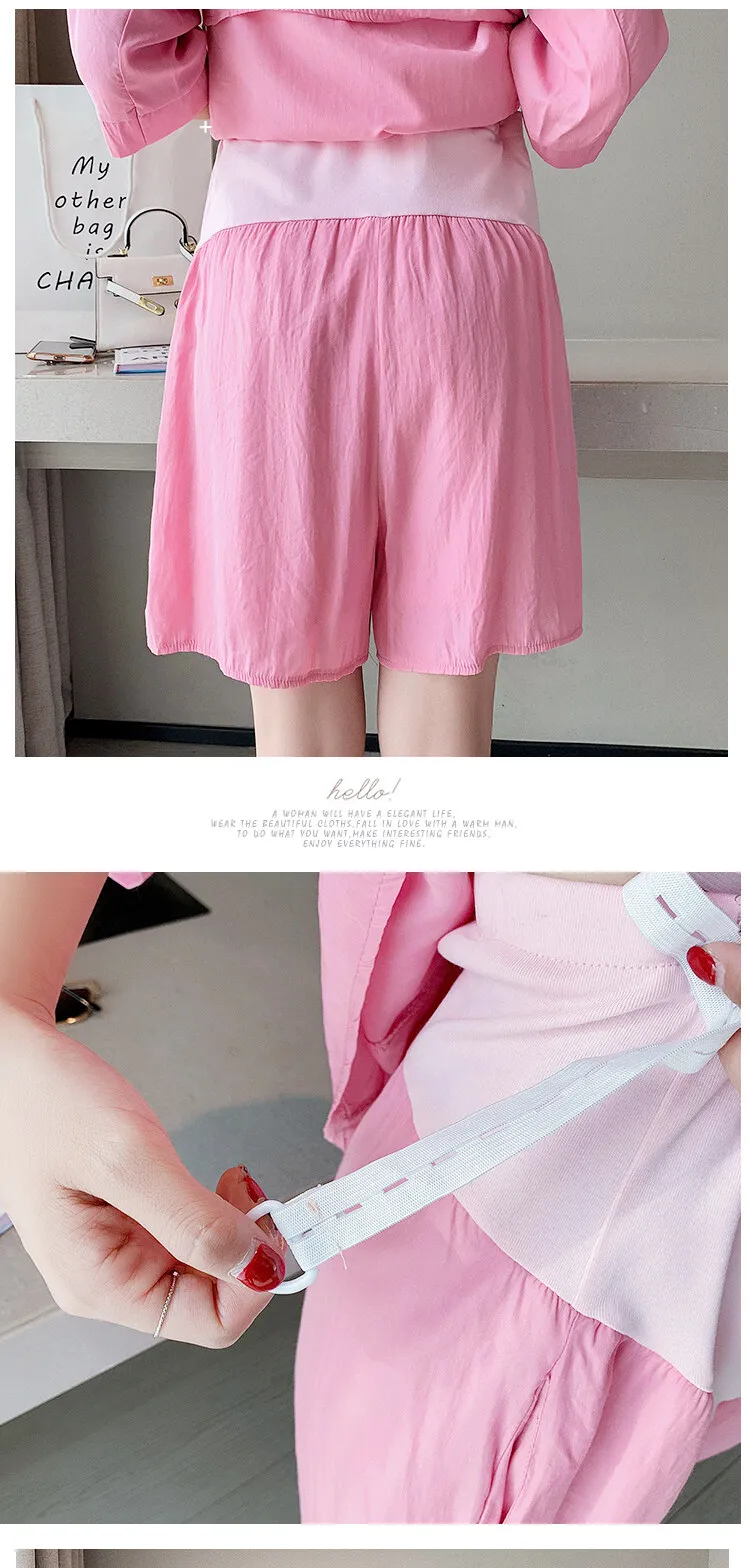 245# Turn Down Collar Blouse + Maternity Pants Two-piece Maternity Clothes Loose Stylish Short Sleevess Set