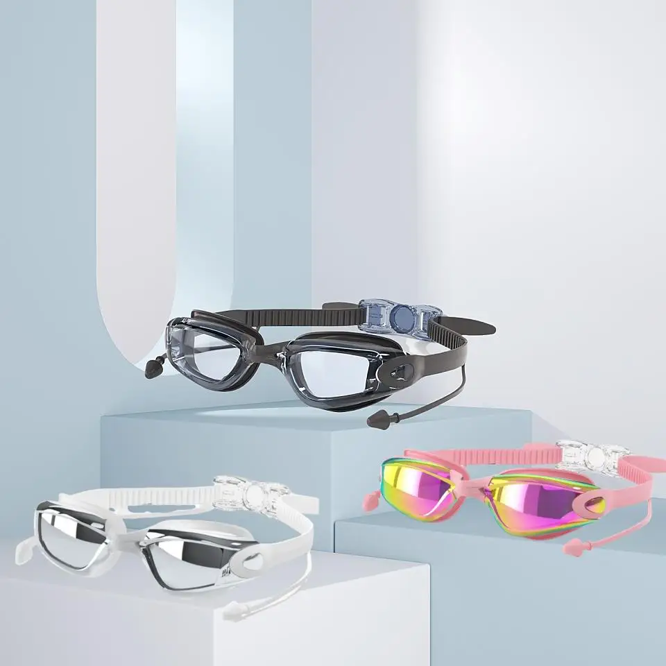 Adult swimming goggles, fog shaped swimming goggles, UV resistant, clear vision with earplugs, and 2 male and female nose lenses 6