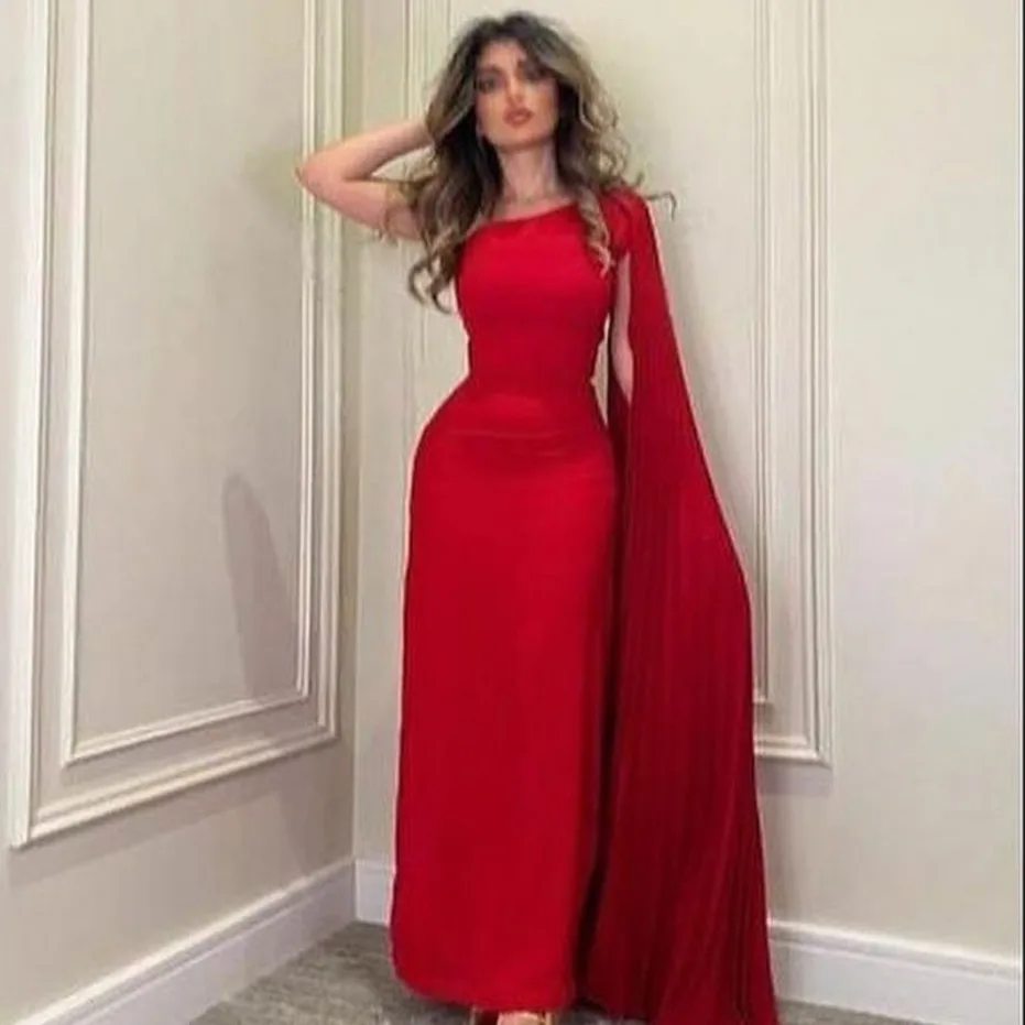 

Elegant Long One Shoulder Red Evening Dresses With Cape Sheath Muslim Crepe Floor Length Prom Formal Dress for Women