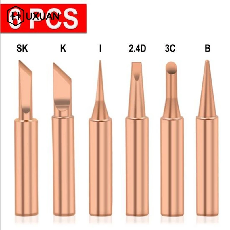 

6pcs/lot 900M-T Copper Soldering Iron Tips Lead Free Solder Welding Sting For 936/937/938/969/8586/852D Soldering Station