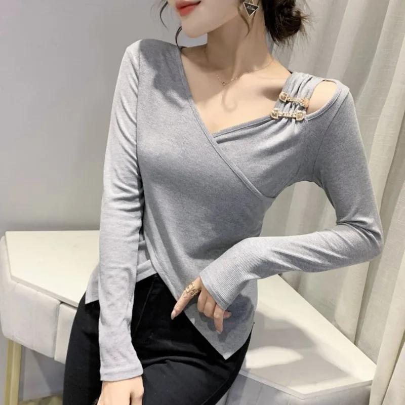 

#8385 Grey Black Asymmetrical T Shirt Womne V Neck Sexy Hollow Out Short T Shirt Female Cotton Basic T Shirt Femme Long Sleeved