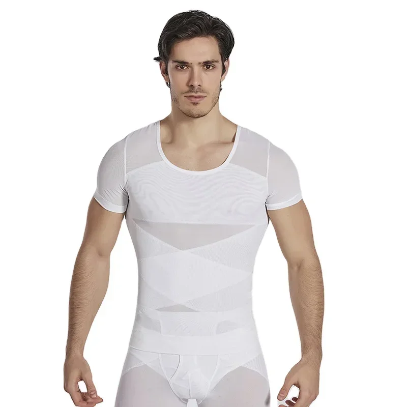 

Men Mesh Body Shapewear Short-Sleeved Cross Abdomen Shapewear Men's Shaper Slimming T-Shirt Corset Compression Shirt