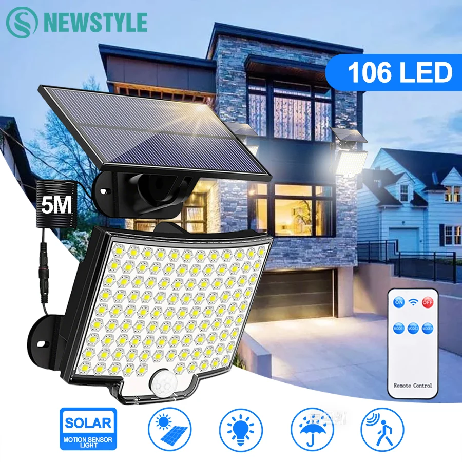 Solar Flood Lights Outdoor 106/318 LED Solar Motion Lights Remote Security Wall Waterproof 3 Modes Garden